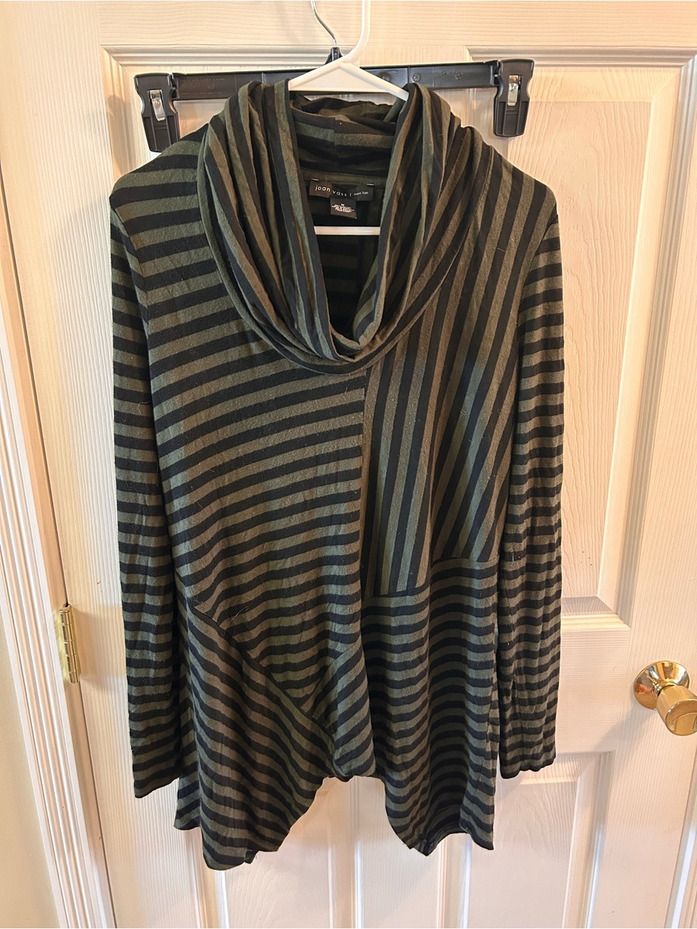 Joan Vass Olive Green & Black Striped Cowl Neck Sweater